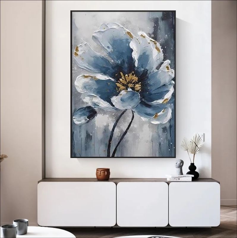 Moody blue floral painting with gold accents – handmade canvas or fine art print for modern, luxury, or moody wall decor.