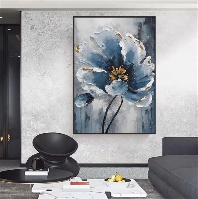 Moody blue floral painting with gold accents – handmade canvas or fine art print for modern, luxury, or moody wall decor.