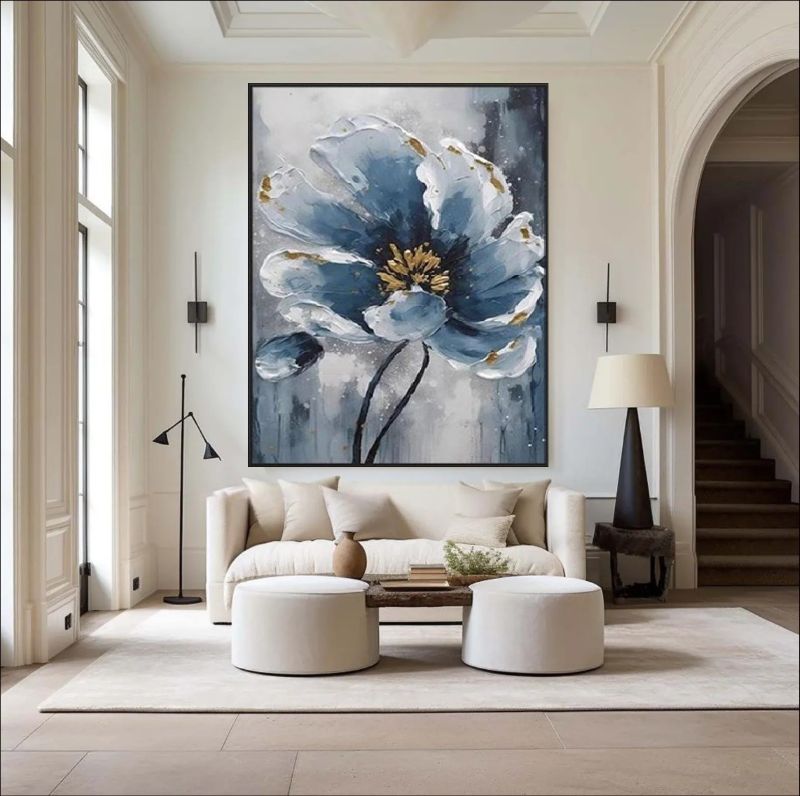 Moody blue floral painting with gold accents – handmade canvas or fine art print for modern, luxury, or moody wall decor.