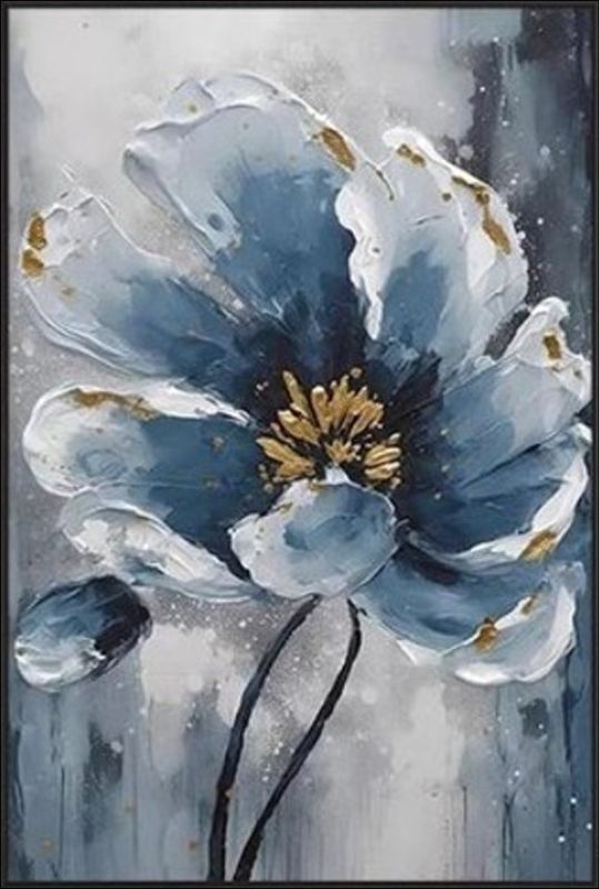 Moody blue floral painting with gold accents – handmade canvas or fine art print for modern, luxury, or moody wall decor.