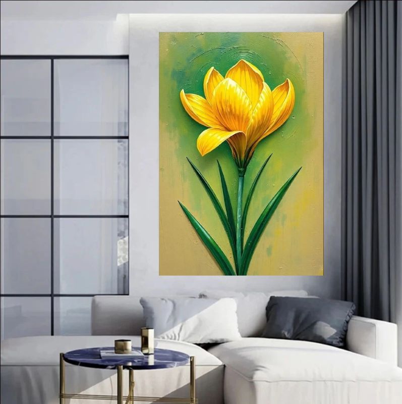 Hand-painted yellow flower canvas art with green leaves on a textured background.