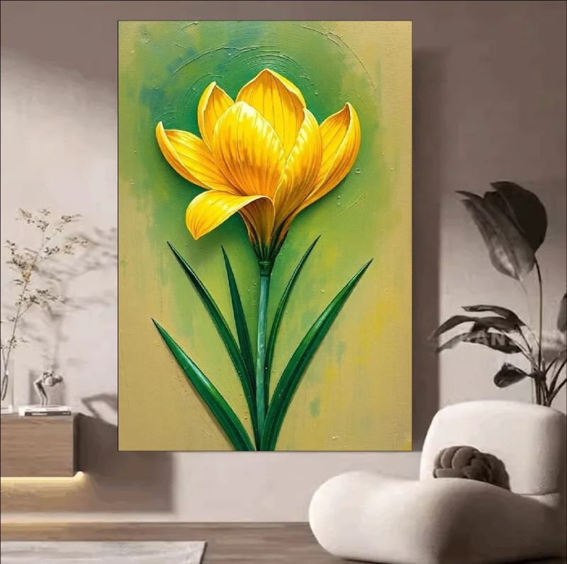 Hand-painted yellow flower canvas art with green leaves on a textured background.