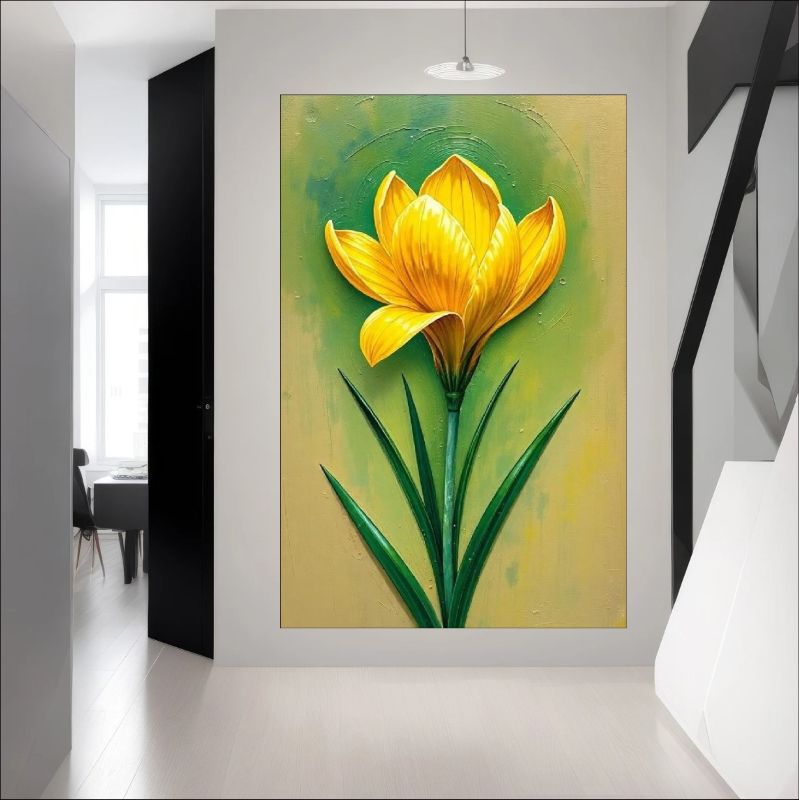 Hand-painted yellow flower canvas art with green leaves on a textured background.