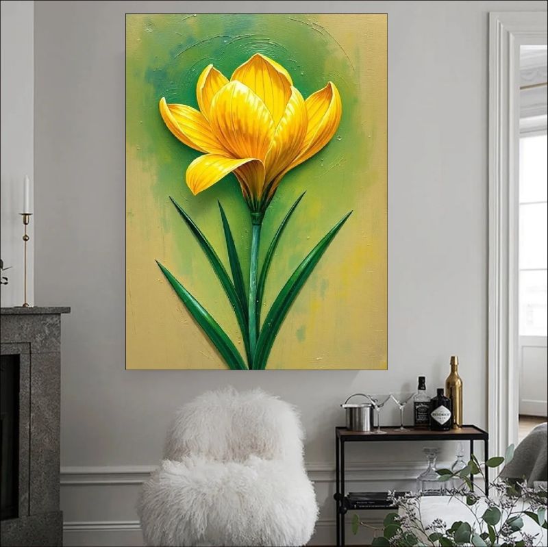 Hand-painted yellow flower canvas art with green leaves on a textured background.
