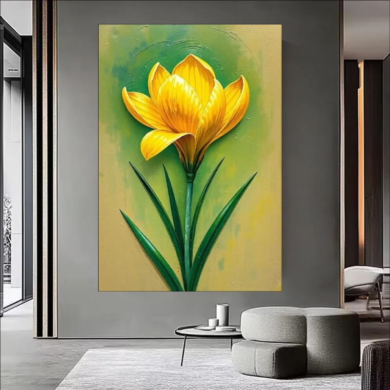 Hand-painted yellow flower canvas art with green leaves on a textured background.