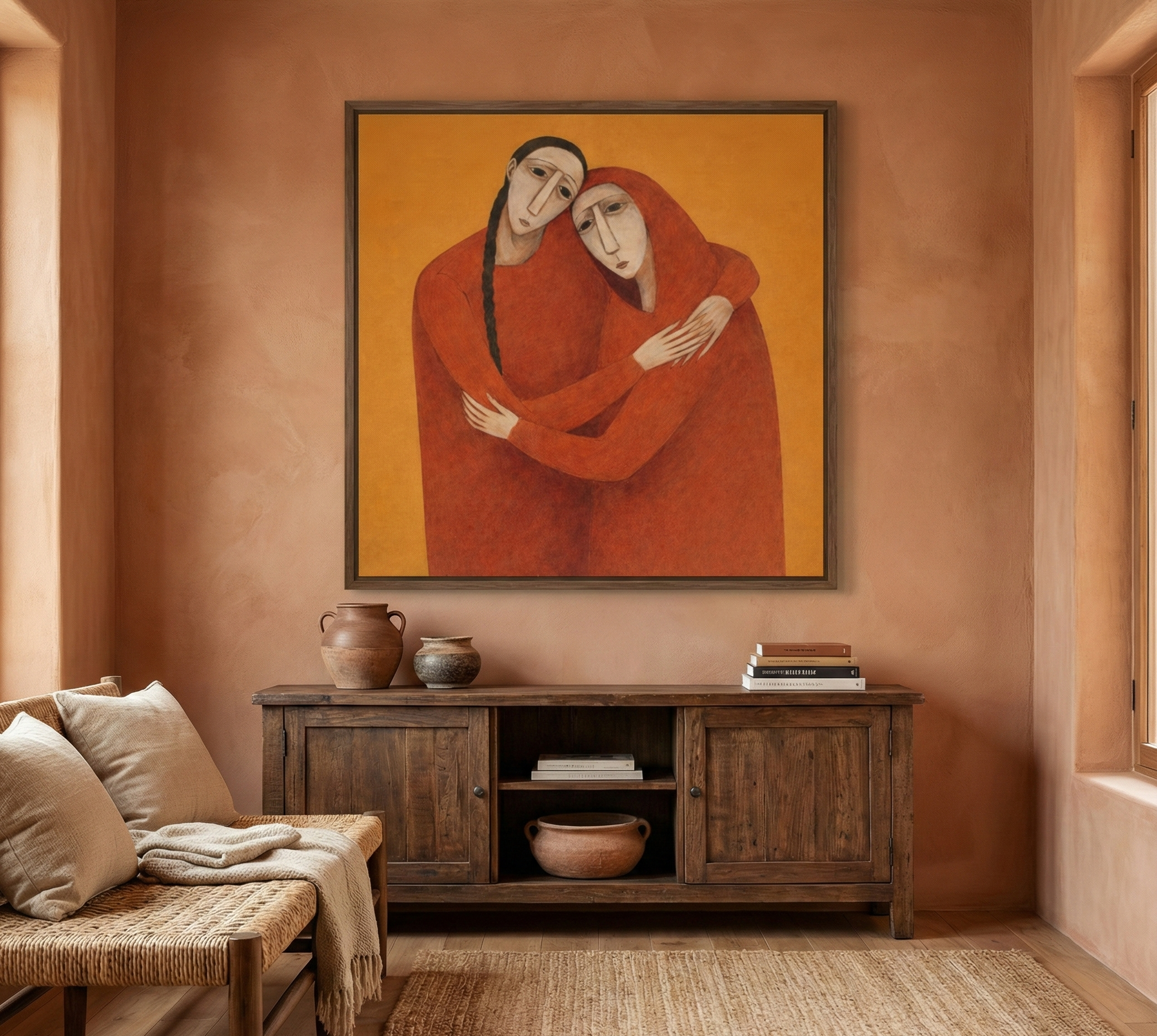 Sisters in Crimson – Modern Figurative Embrace Art