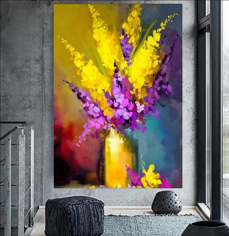 Vibrant abstract flower jar painting with yellow, purple and pink flowers on canvas.