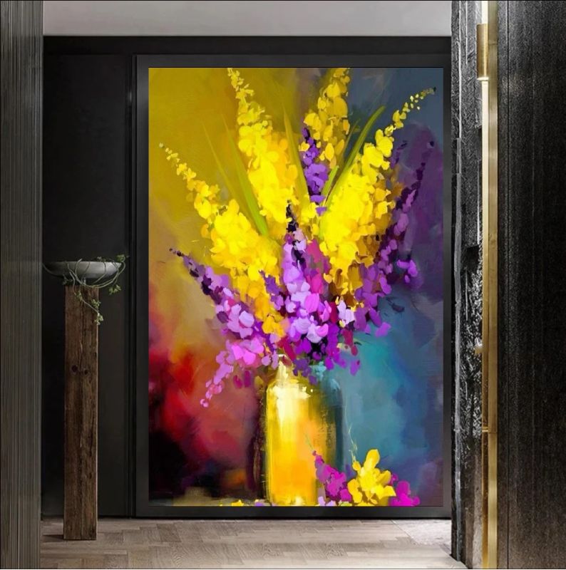 Vibrant abstract flower jar painting with yellow, purple and pink flowers on canvas.