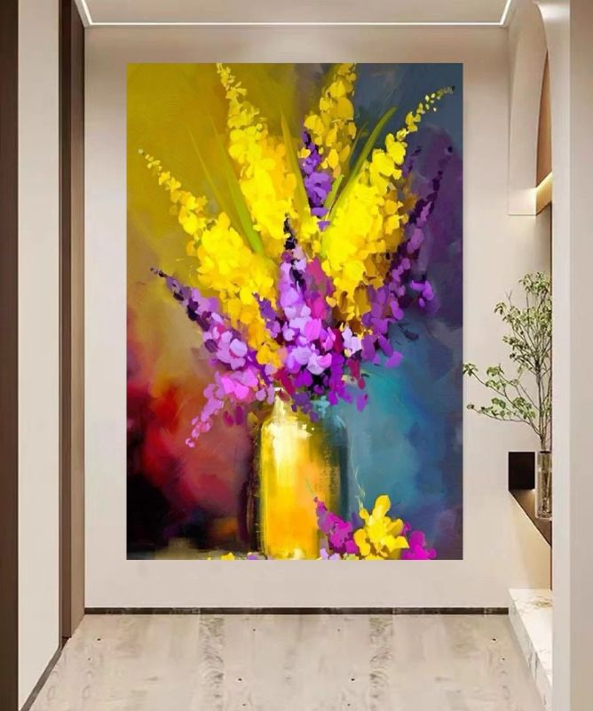 Vibrant abstract flower jar painting with yellow, purple and pink flowers on canvas.