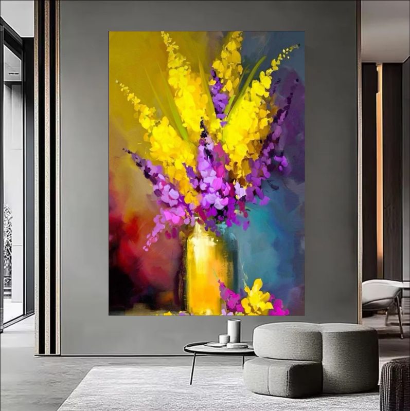 Vibrant abstract flower jar painting with yellow, purple and pink flowers on canvas.