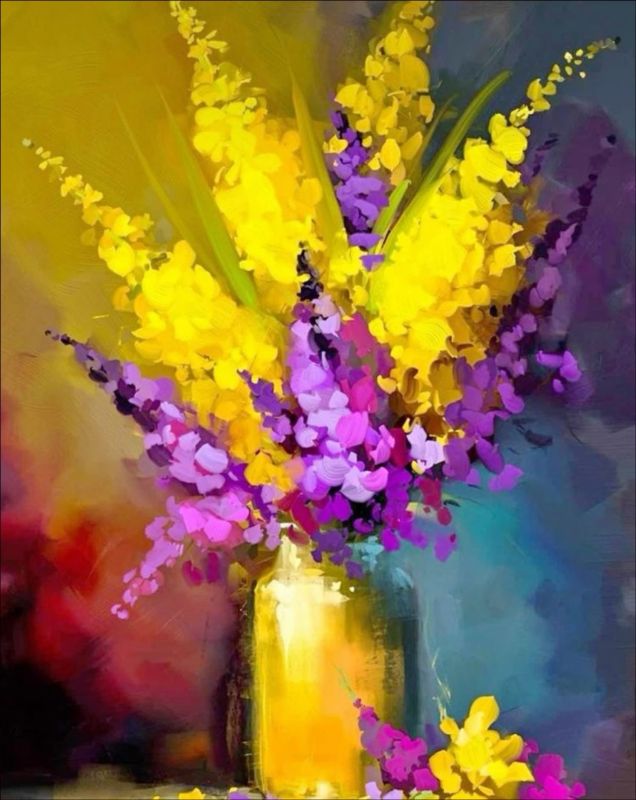 Vibrant abstract flower jar painting with yellow, purple and pink flowers on canvas.