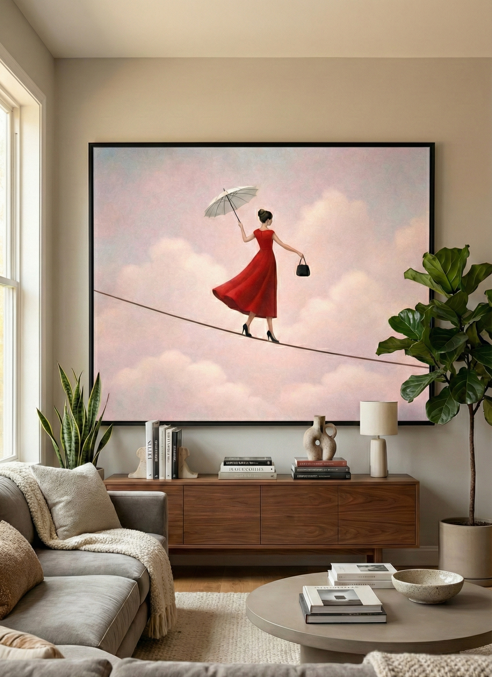 Crimson Balance – Surreal High-Wire Portrait Art