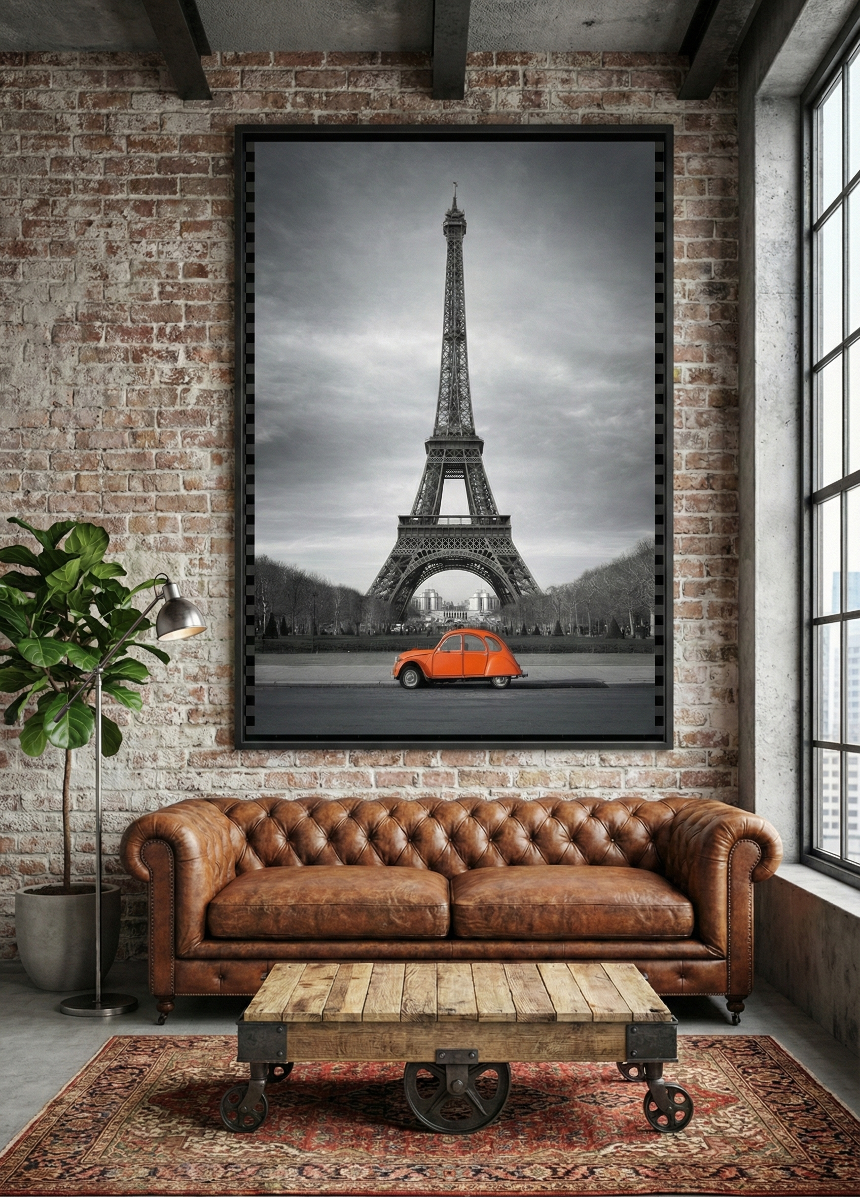 Parisian Nostalgia – Selective Color Eiffel Tower & Vintage Car Art
