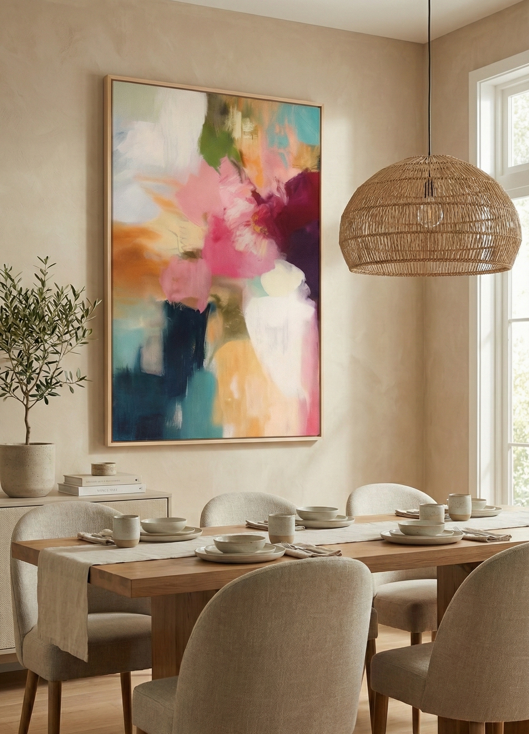 Modern abstract painting featuring expressive strokes of magenta, teal, and peach, suggesting a deconstructed floral form on a textured canvas.