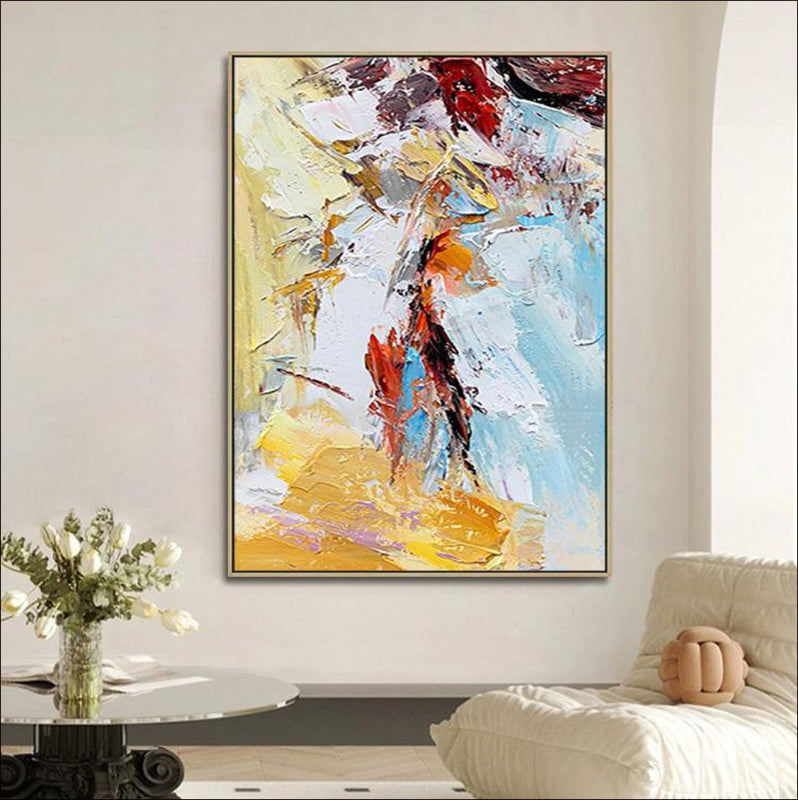 Abstract oil painting titled 'Layers of Passion' featuring vibrant colors, bold brushstrokes, and dynamic textures on high-quality canvas, perfect for modern interiors and art collectors.