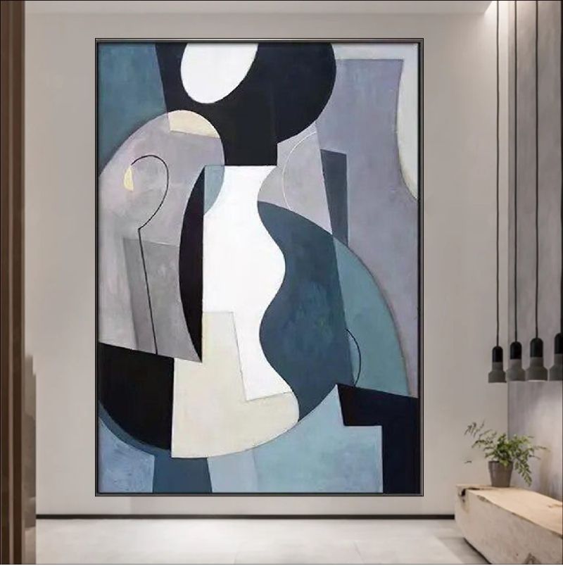 Abstract geometric painting featuring interlocking shapes in slate blue, grey, white, and black, modern cubist wall art style.