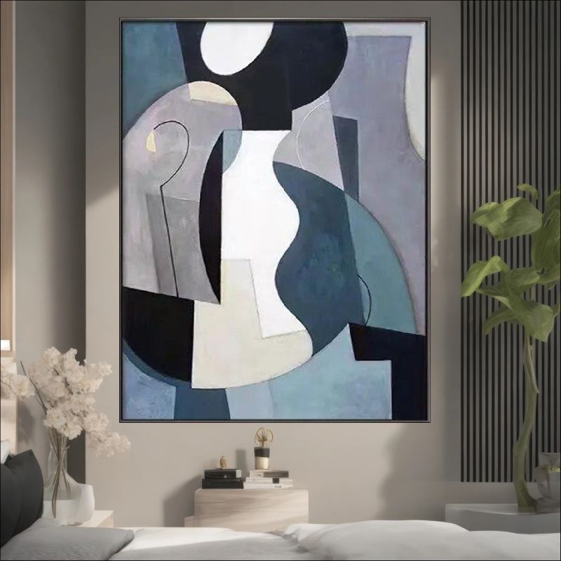 Abstract geometric painting featuring interlocking shapes in slate blue, grey, white, and black, modern cubist wall art style.