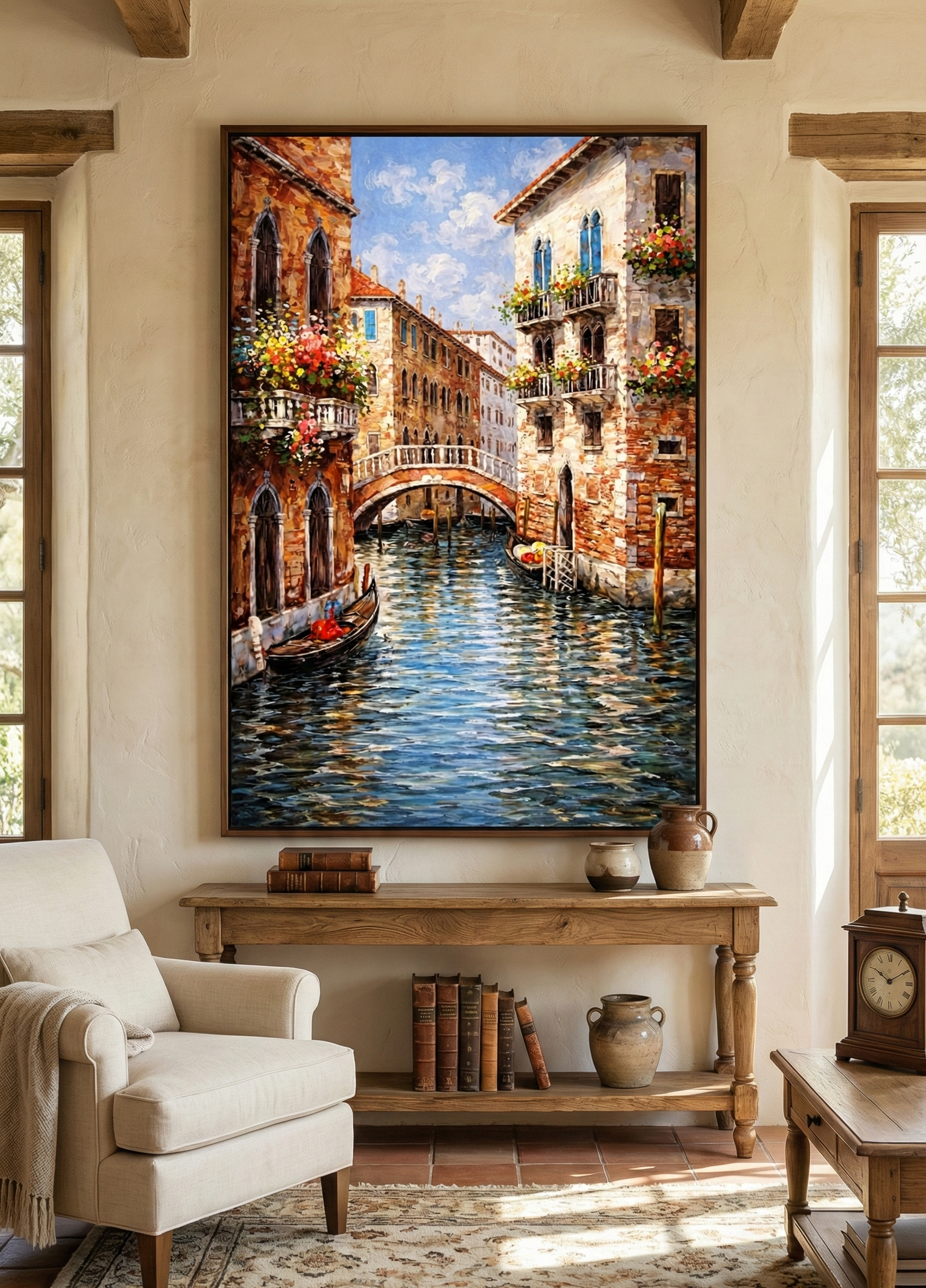 A vibrant impressionist oil painting of a Venetian canal featuring a stone bridge, gondolas, and colorful historic buildings with flower-filled balconies.