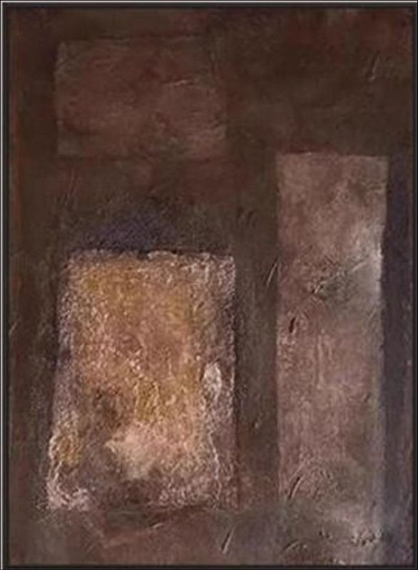 Abstract painting featuring deep brown, rust, and copper block textures hanging above a bed in a modern minimalist room, rustic wall art style.