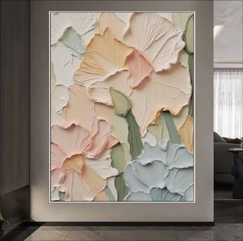 Pastel Petals - Elegant textured floral wall art with soft pastel tones, featuring 3D raised petals for a modern and timeless home decor piece.