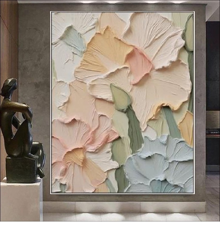Pastel Petals - Elegant textured floral wall art with soft pastel tones, featuring 3D raised petals for a modern and timeless home decor piece.