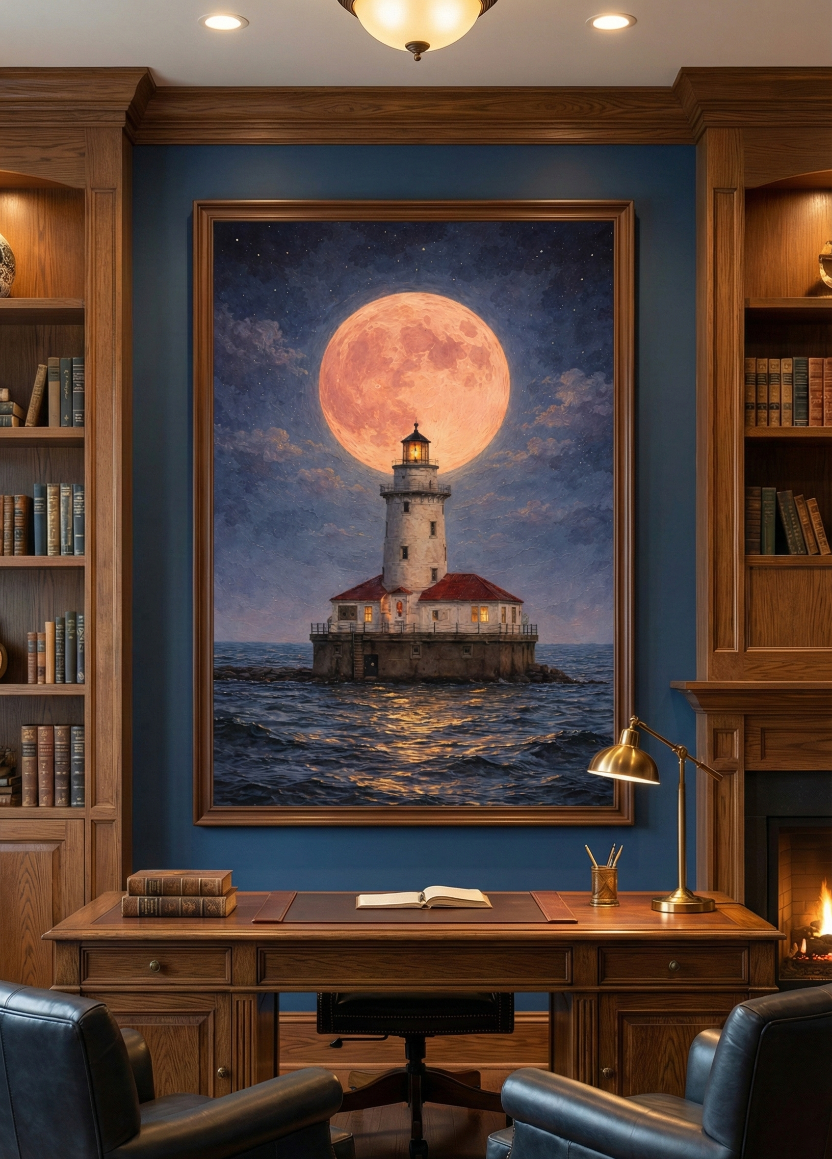 Lunar Beacon – Atmospheric Lighthouse & Moon Cityscape Art