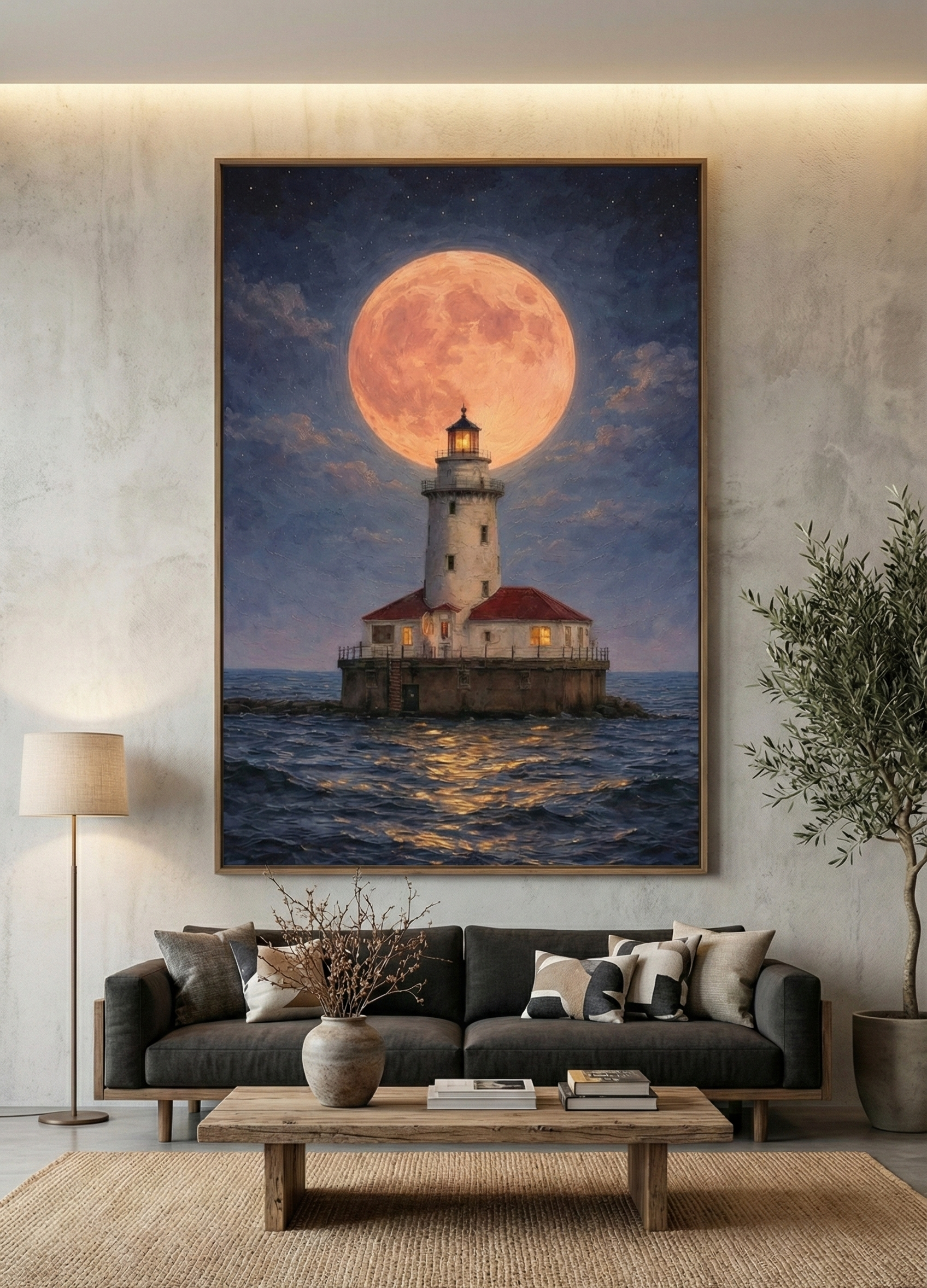 A majestic oil painting of a white lighthouse on a rocky island at night, positioned directly in front of a massive, glowing orange full moon.