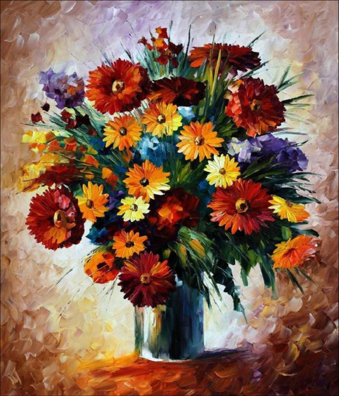 Textured painting of a vibrant flower bouquet in a vase with red, yellow, orange and purple flowers on canvas.