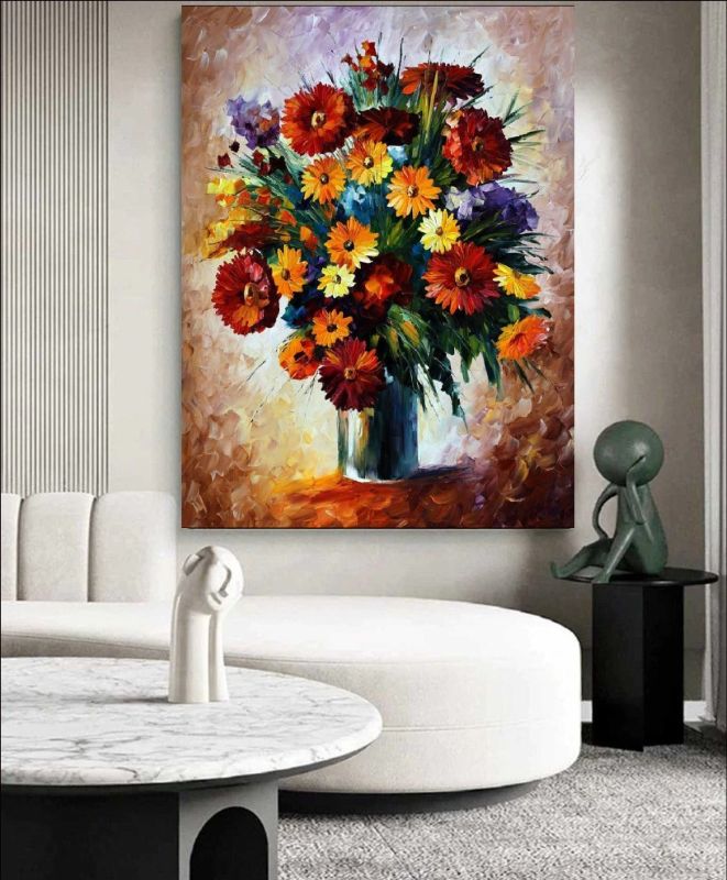 Textured painting of a vibrant flower bouquet in a vase with red, yellow, orange and purple flowers on canvas.