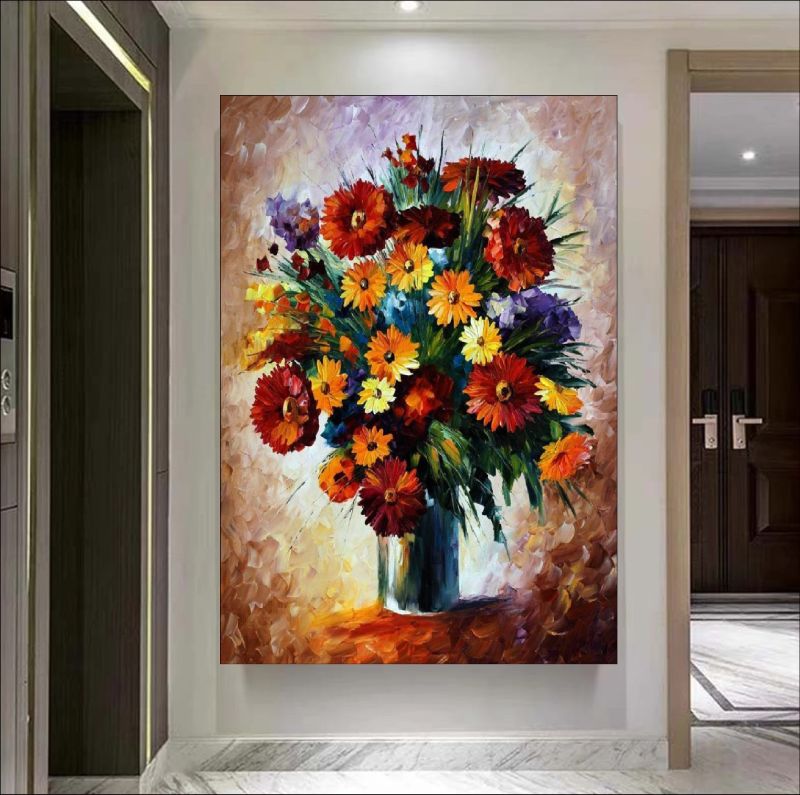 Textured painting of a vibrant flower bouquet in a vase with red, yellow, orange and purple flowers on canvas.