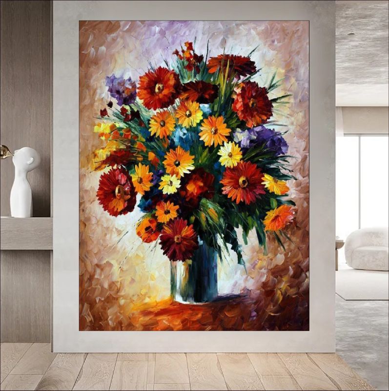 Textured painting of a vibrant flower bouquet in a vase with red, yellow, orange and purple flowers on canvas.