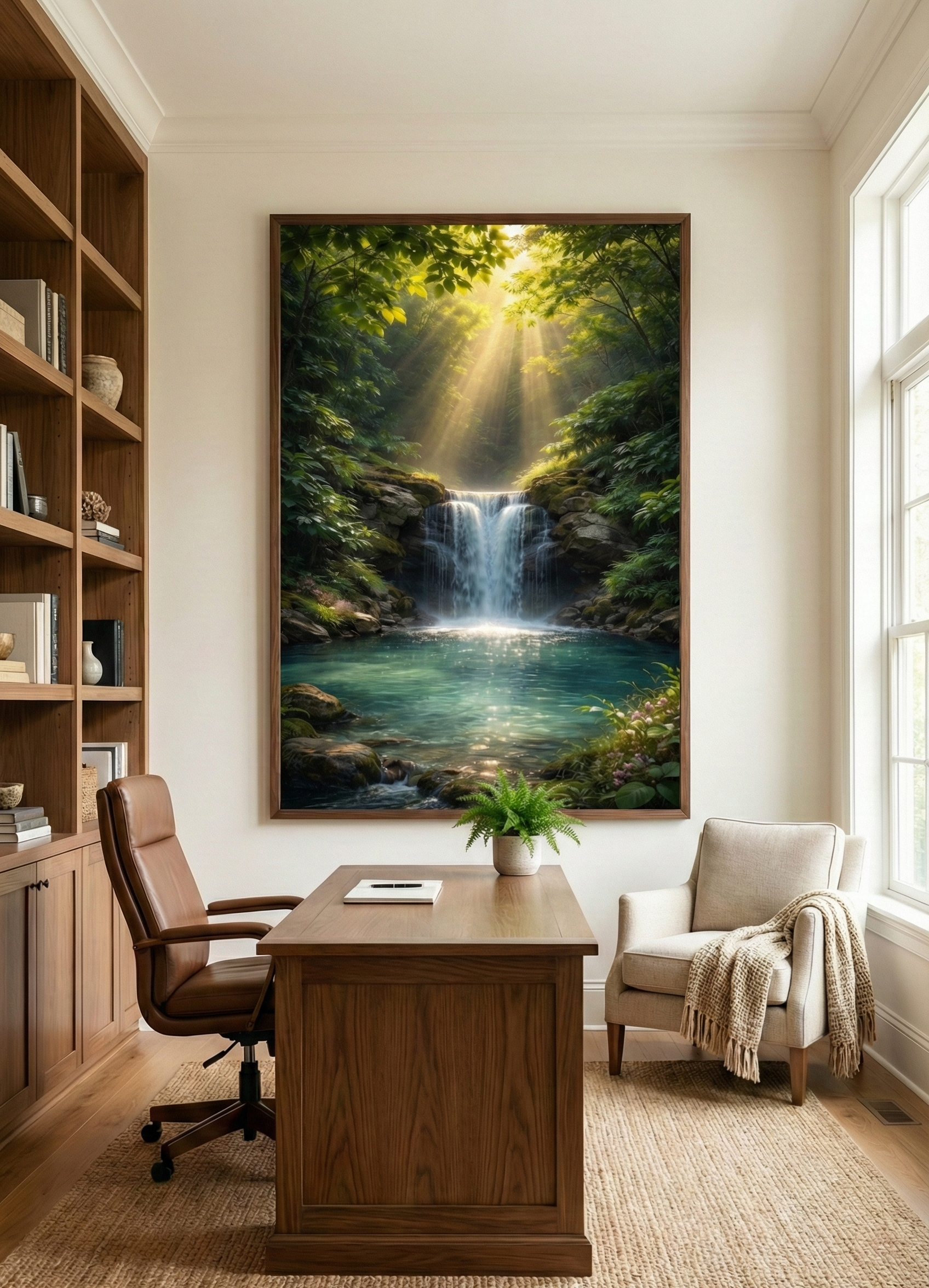 Sunbeam Sanctuary – Radiant Forest Waterfall Art