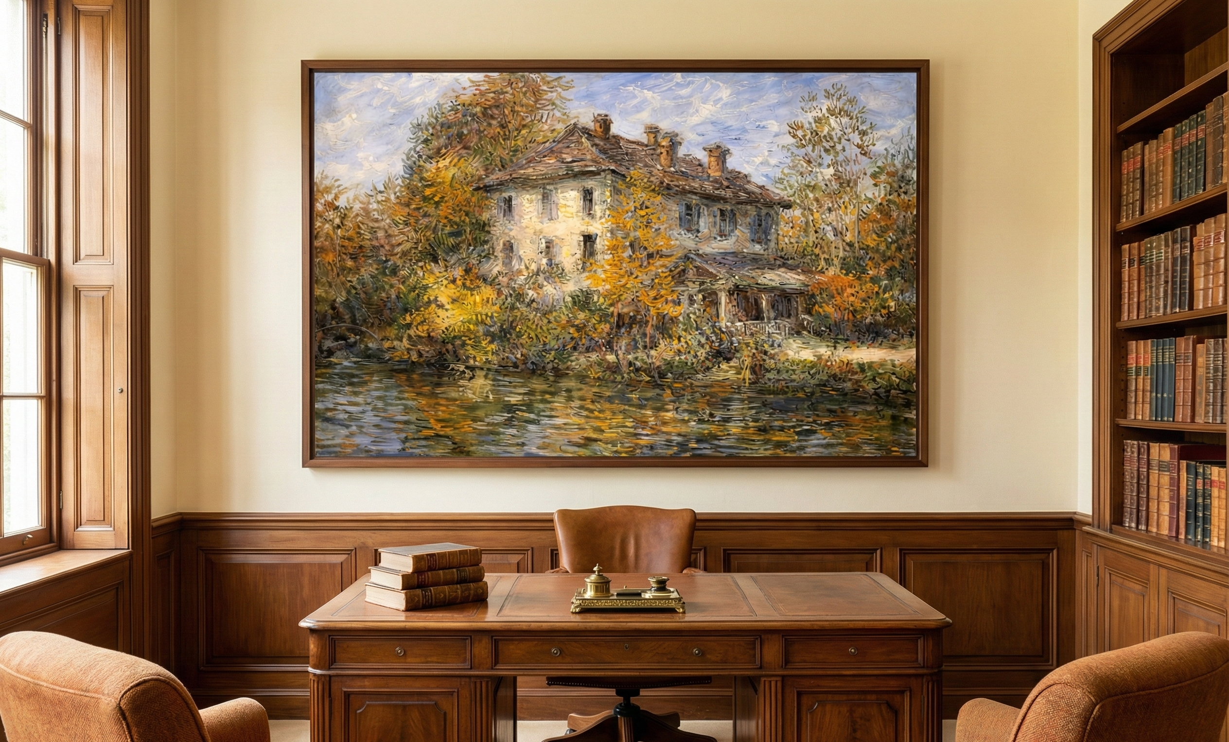 Golden Reflection – Impressionist Lakeside Manor Art