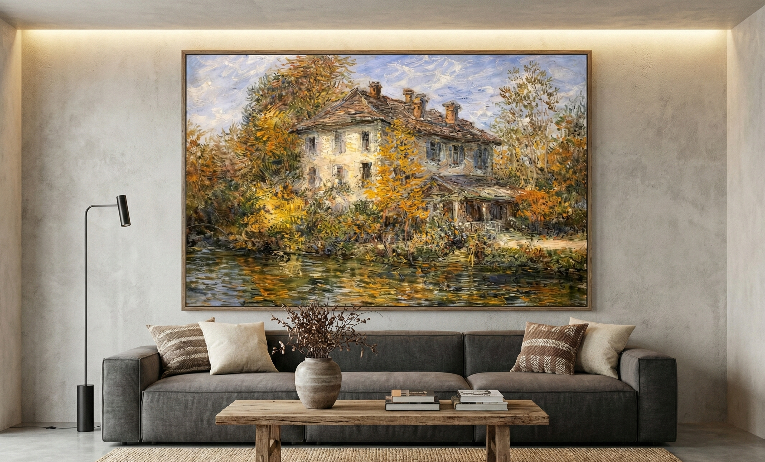 Golden Reflection – Impressionist Lakeside Manor Art