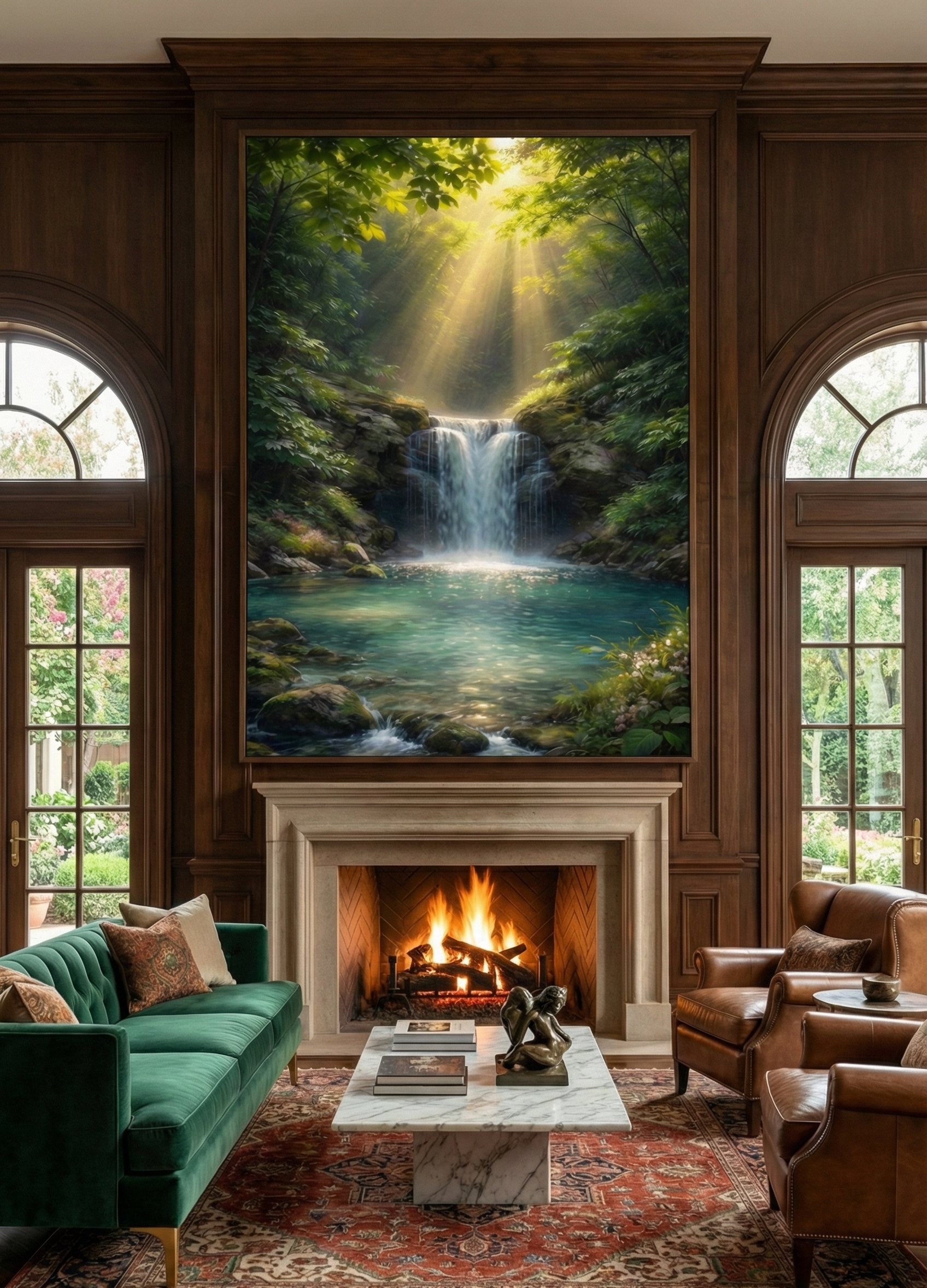 Sunbeam Sanctuary – Radiant Forest Waterfall Art