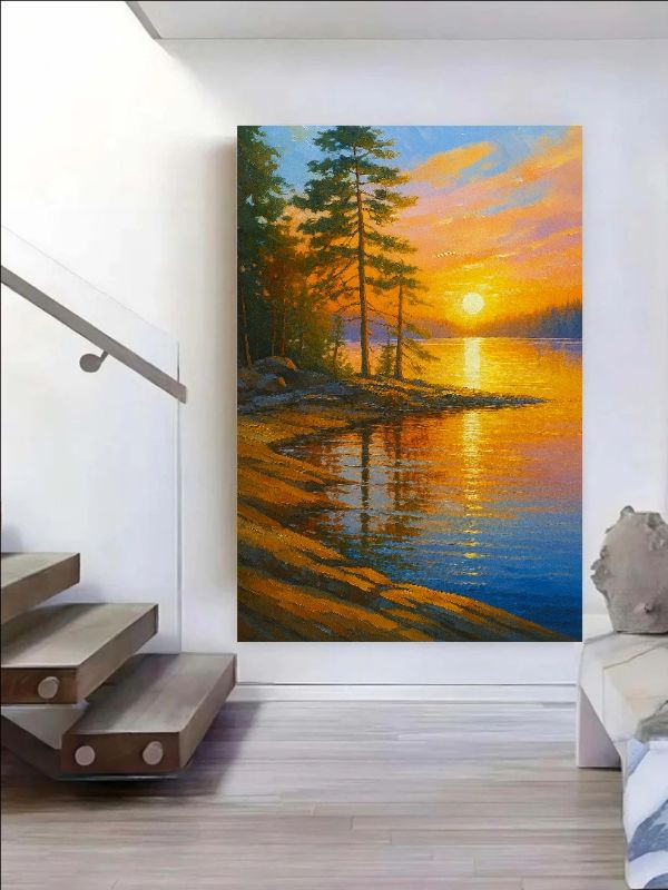 Sunset lake landscape with pine trees and golden reflections