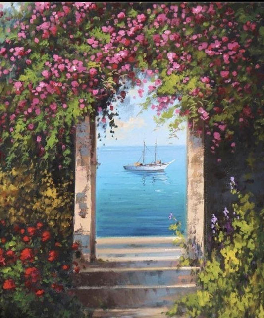 A serene seascape framed by vibrant floral pathways leading to calm blue ocean waves under a clear sky