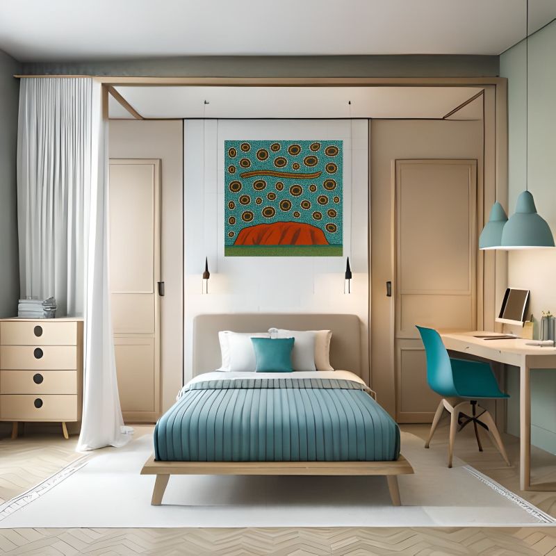 Aboriginal dot painting of Uluru (Ayers Rock) featuring a snake symbol and concentric circles on a teal background, Indigenous Australian Dreamtime art.