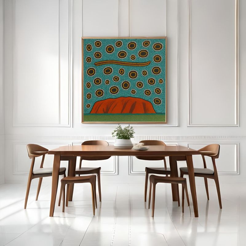 Aboriginal dot painting of Uluru (Ayers Rock) featuring a snake symbol and concentric circles on a teal background, Indigenous Australian Dreamtime art.