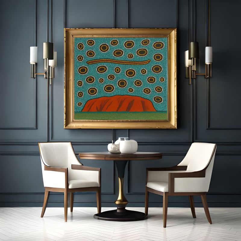 Aboriginal dot painting of Uluru (Ayers Rock) featuring a snake symbol and concentric circles on a teal background, Indigenous Australian Dreamtime art.