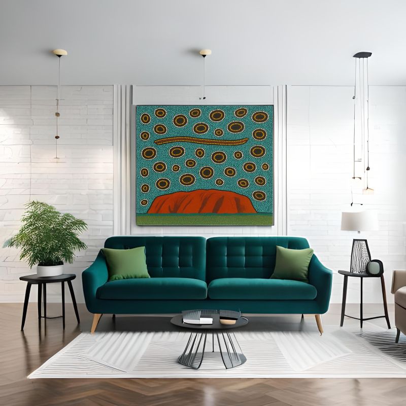 Aboriginal dot painting of Uluru (Ayers Rock) featuring a snake symbol and concentric circles on a teal background, Indigenous Australian Dreamtime art.