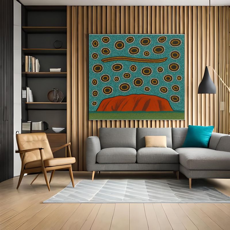 Aboriginal dot painting of Uluru (Ayers Rock) featuring a snake symbol and concentric circles on a teal background, Indigenous Australian Dreamtime art.