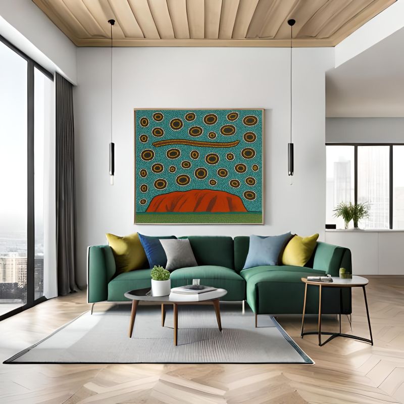 Aboriginal dot painting of Uluru (Ayers Rock) featuring a snake symbol and concentric circles on a teal background, Indigenous Australian Dreamtime art.