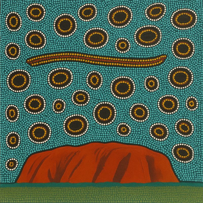 Aboriginal dot painting of Uluru (Ayers Rock) featuring a snake symbol and concentric circles on a teal background, Indigenous Australian Dreamtime art.