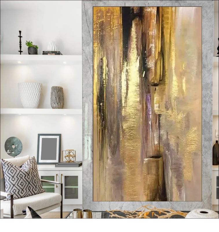 Vertical abstract painting featuring cascading strokes of gold foil, beige, and dark brown textures, modern luxury wall art style.