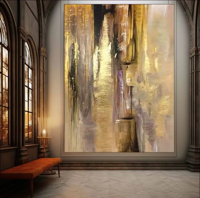 Vertical abstract painting featuring cascading strokes of gold foil, beige, and dark brown textures, modern luxury wall art style.