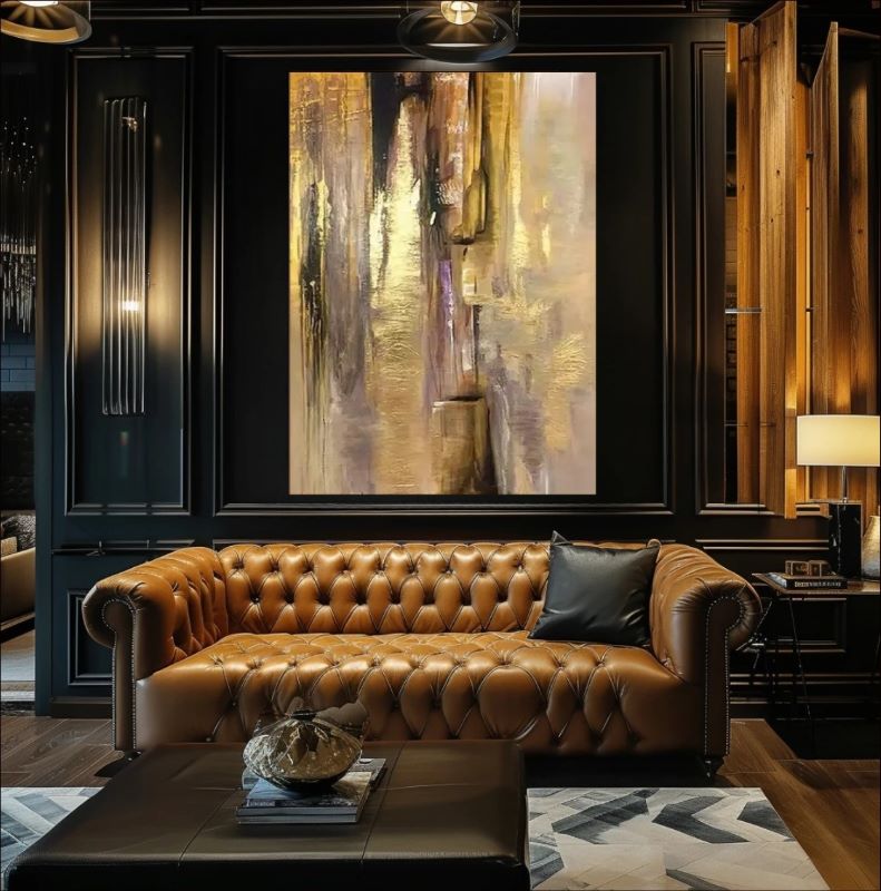Vertical abstract painting featuring cascading strokes of gold foil, beige, and dark brown textures, modern luxury wall art style.