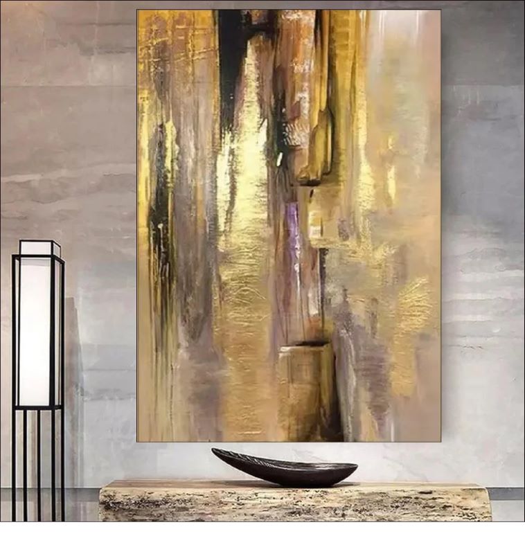 Vertical abstract painting featuring cascading strokes of gold foil, beige, and dark brown textures, modern luxury wall art style.