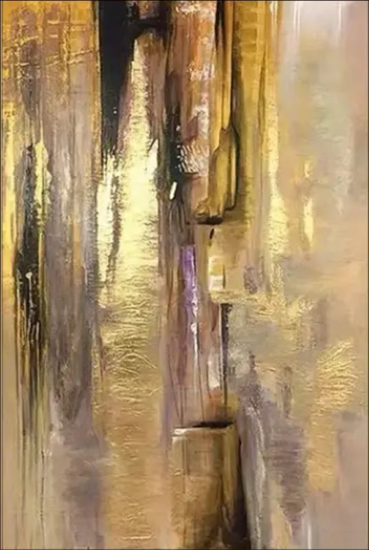 Vertical abstract painting featuring cascading strokes of gold foil, beige, and dark brown textures, modern luxury wall art style.