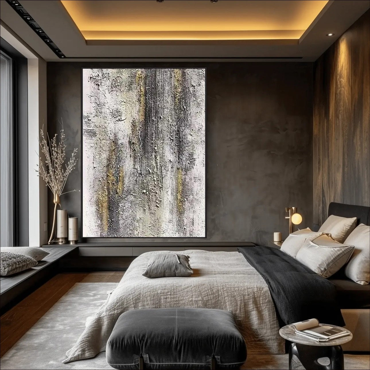 Textured abstract painting titled 'Aged Beauty' with rustic elegance, earthy tones, and golden accents, perfect for modern and industrial decor.